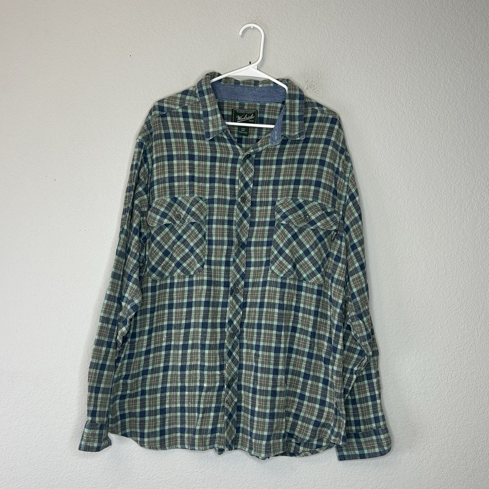 Woolrich Plaid Flannel Shirt Men's 2XL XXL Brown Green Blue Cotton Workwear